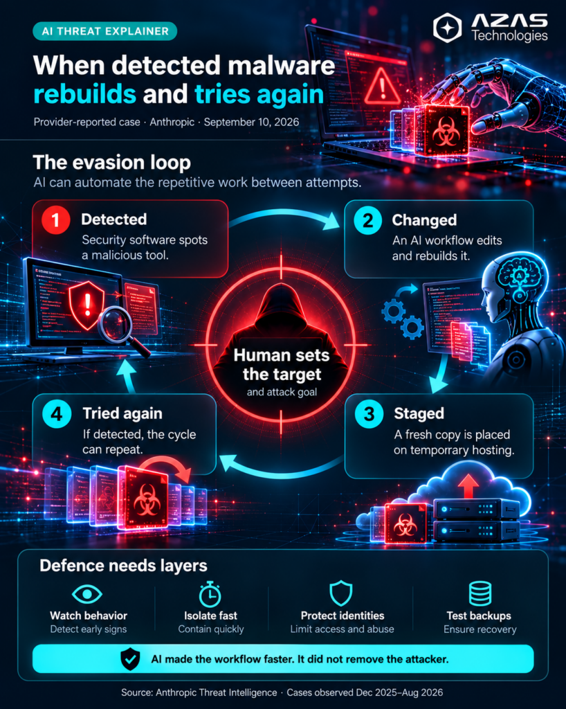 AZAS Technologies infographic illustrating how AI-powered malware evades detection by modifying, rebuilding, and redeploying malicious code, with cybersecurity defense strategies.