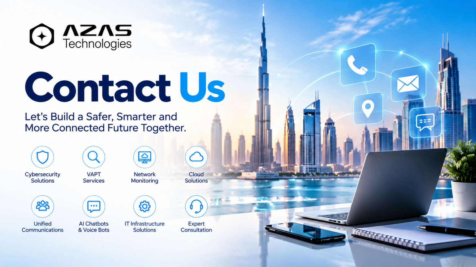 Contact AZAS Technologies UAE for cybersecurity, VAPT, network monitoring, unified communications and AI-powered IT solutions.